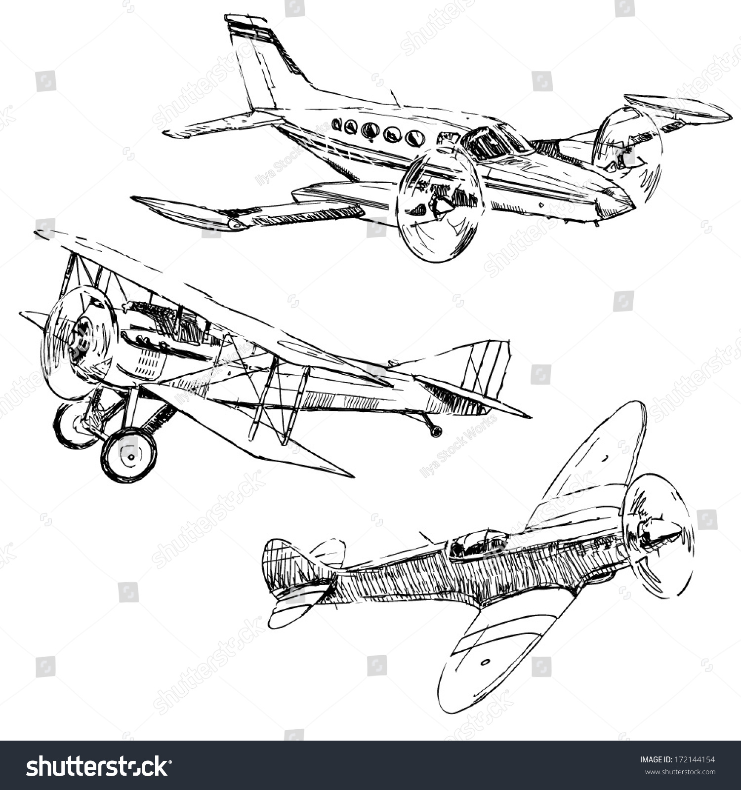 Propeller Airplanes Drawings On White Background Stock Vector 172144154 ...