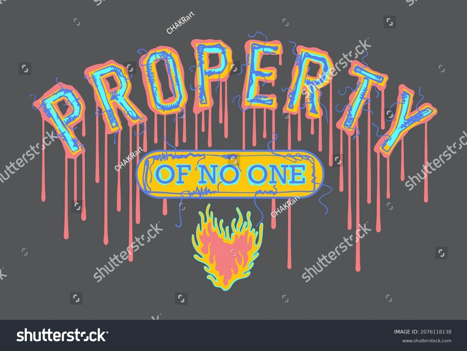 SVG of Property of no one slogan print design with dripping ink burning heart and embroidery details included in varsity print style svg