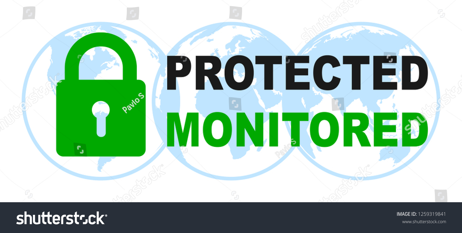 SVG of Protected and monitored sign on blue globes - stock vector svg