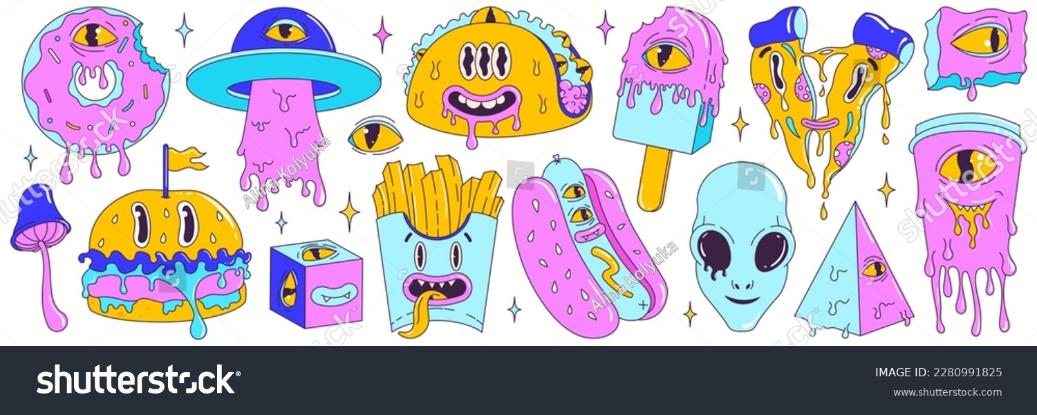 SVG of Psychedelic cartoon sticker set. Modern character burger, pizza, soda, hot dog, tacos, ice cream, donut, french fries. Funny faces with distorted eyes and vibrant colors. Flowing texture. Crazy eyes. svg
