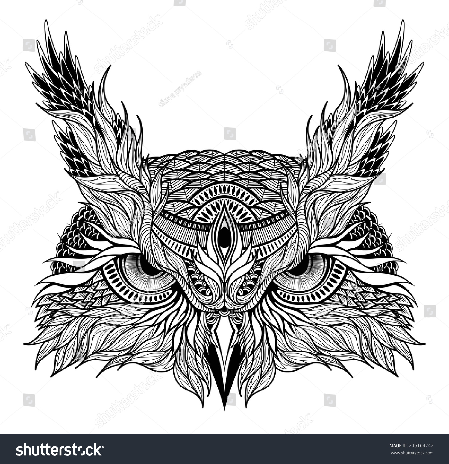 Psychedelic Owl Head Tattoo Stock Vector (Royalty Free) 246164242