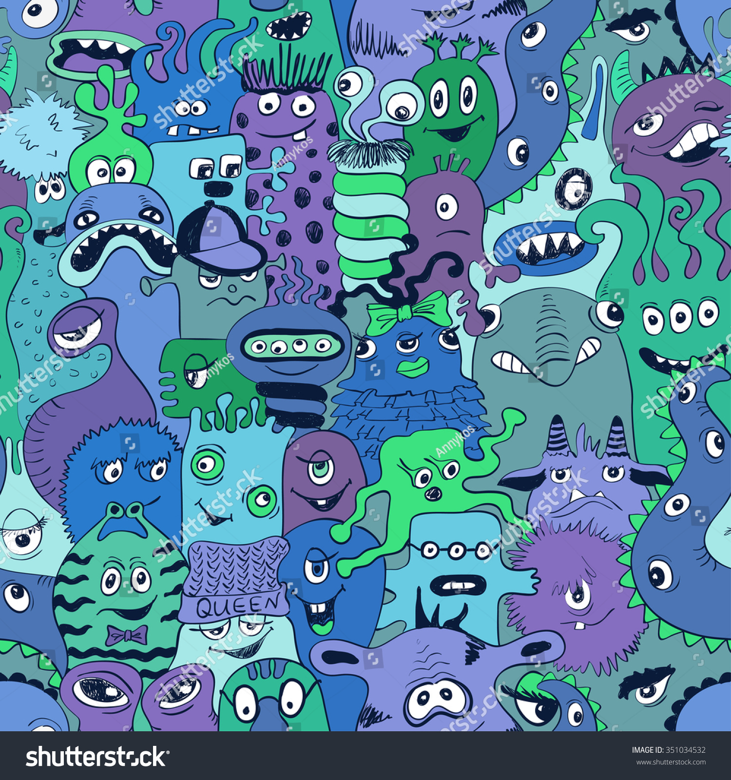 Psychedelic Seamless Pattern Sketch Funny Monsters Stock Vector ...