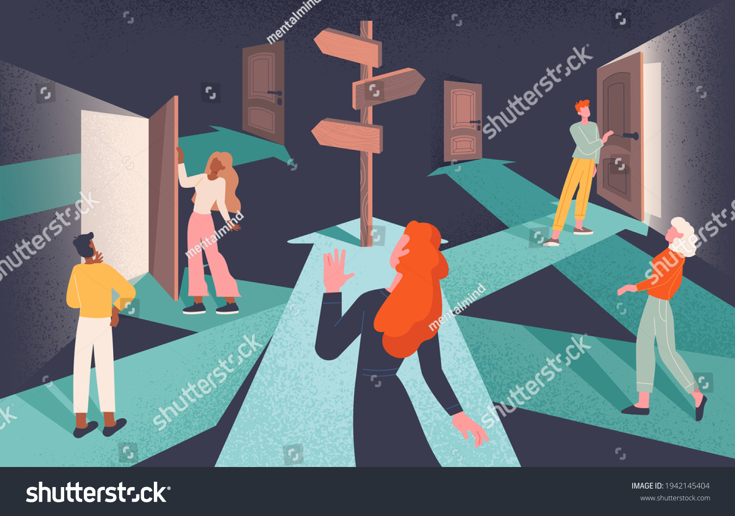 SVG of Psychological concept of choices and Finding or Choosing the right life path with group of diverse people following intersecting paths to doors with central signpost on arrow, flat vector illustration svg
