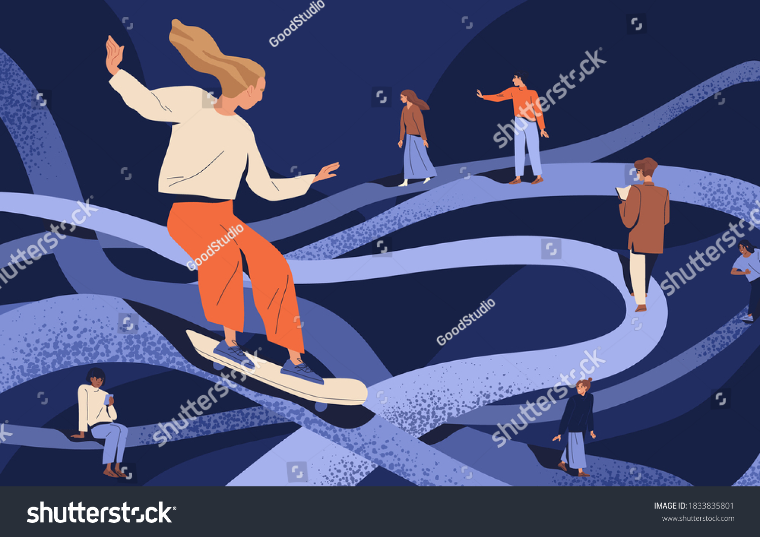 SVG of Psychological concept of important key points in memory or searching and finding life path. People going in past by psychotherapy. Flat vector cartoon illustration of people at tangled ways svg