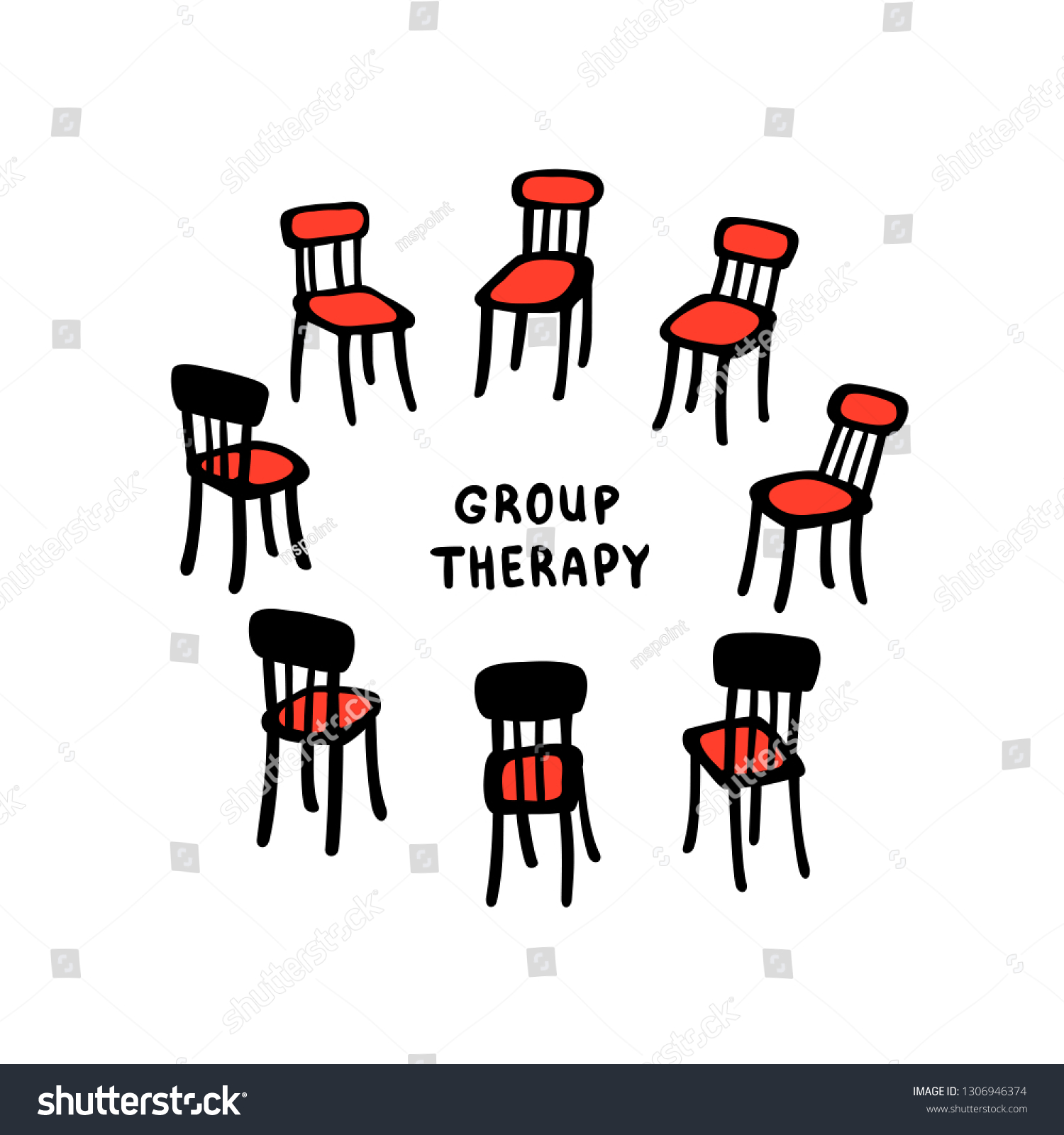 SVG of Psychology. Group therapy. Hand drawn chairs arranged in a circle. Group suuport for people suffering psychology disorders and addictions. Doodle slyle flat vector illustration svg
