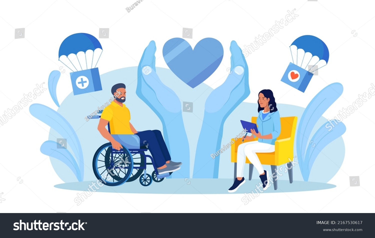 SVG of Psychology support for person in wheelchair. Woman caring about man mental health. Social aid and assistance. Solidarity from charitable community, supportive society. Supporting man with disability svg