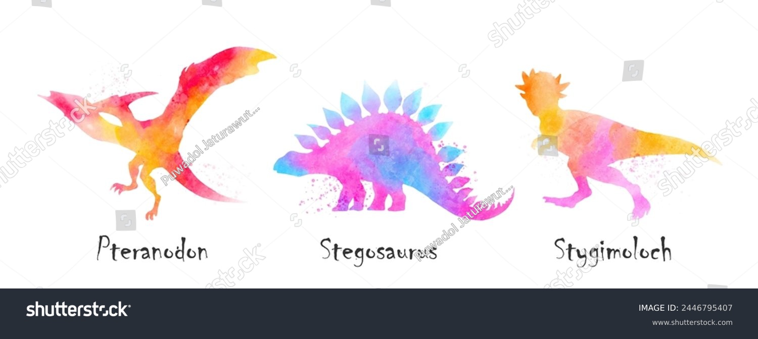 SVG of Pteranodon, Stegosaurus, Ankylosaurus, Stygimoloch dinosaurs . Colorful silhouette watercolor painting style . Set 5 of 5 . Illustration . svg
