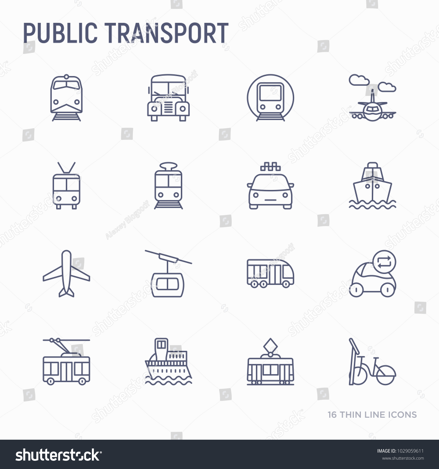 公共交通機関の細線のアイコンセット 電車 バス タクシー 船 フェリー トロリーバス 電車 カーシェアリング 正面図と側面図 現代のベクターイラスト のベクター画像素材 ロイヤリティフリー