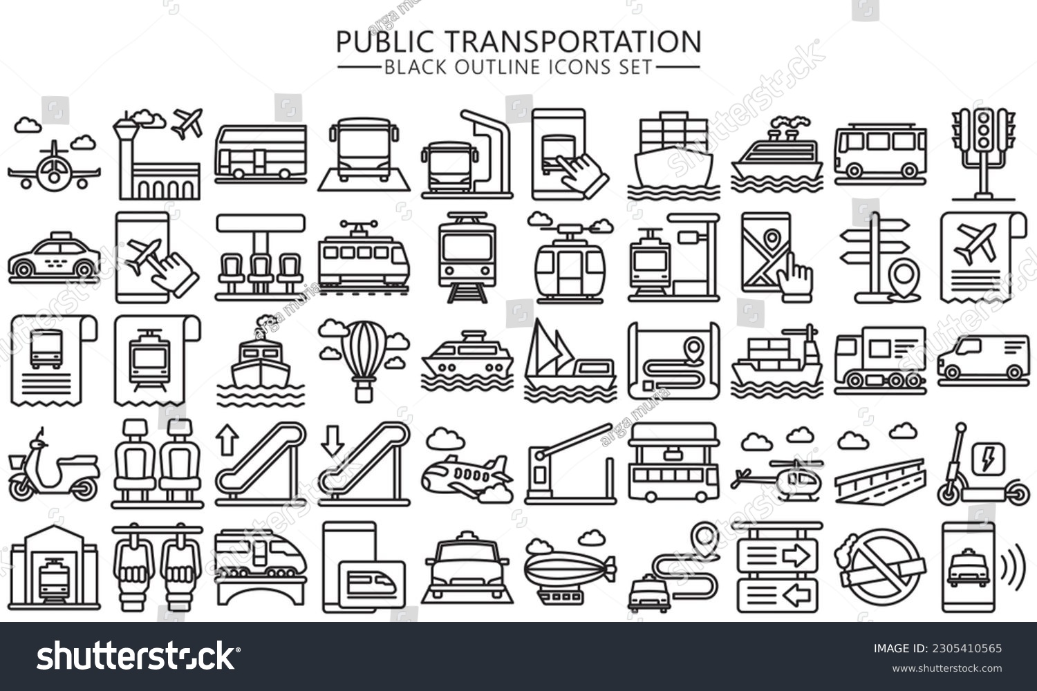 SVG of Public transportation black outline icons set. contain such as train, subway, bus, airplane and more. use for modern concept, UI or UX kit, web and app. vector EPS 10 ready convert to SVG. svg