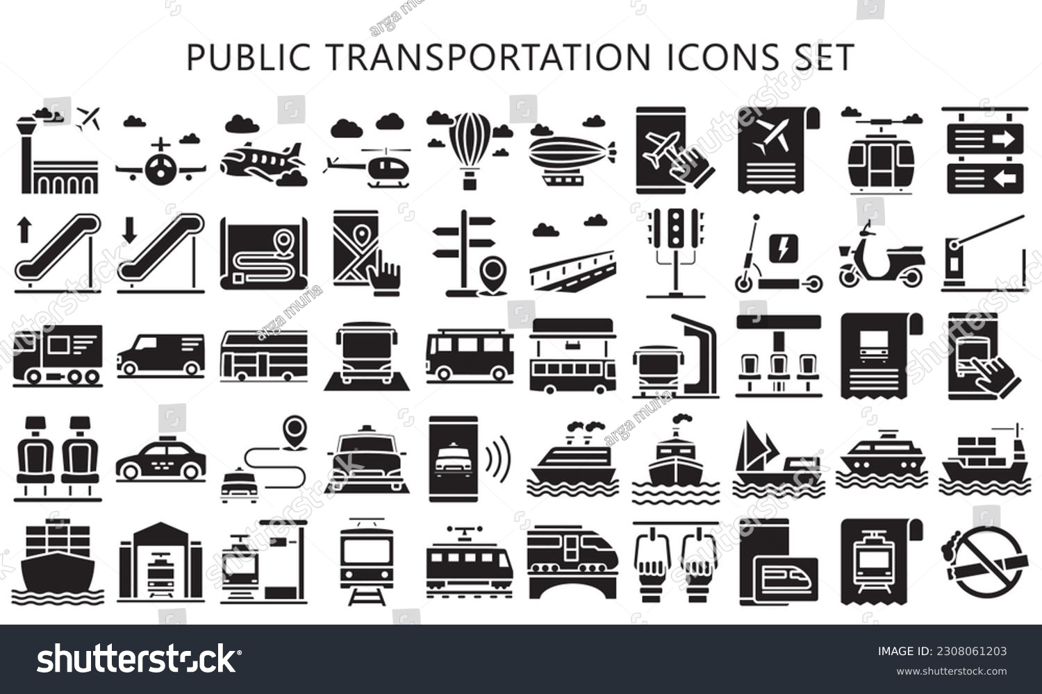SVG of Public transportation glyph icons set. contain such as train, subway, bus, airplane and more. use for modern concept, UI or UX kit, web and app. vector EPS 10 ready convert to SVG. svg