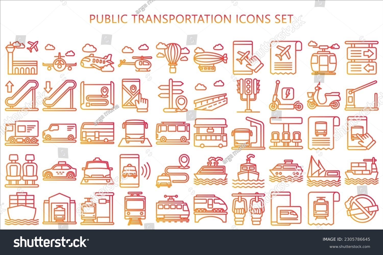 SVG of Public transportation gradient outline icons set. contain such as train, subway, bus, airplane and more. use for modern concept, UI or UX kit, web and app. vector EPS 10 ready convert to SVG. svg