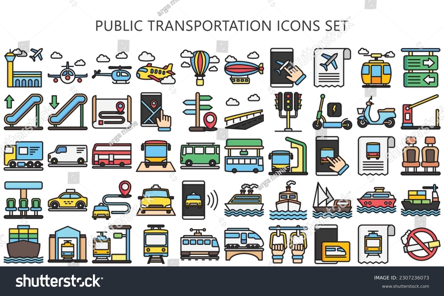 SVG of Public transportation lineal multi color icons set. contain such as train, subway, bus, airplane and more. use for modern concept, UI or UX kit, web and app. vector EPS 10 ready convert to SVG. svg