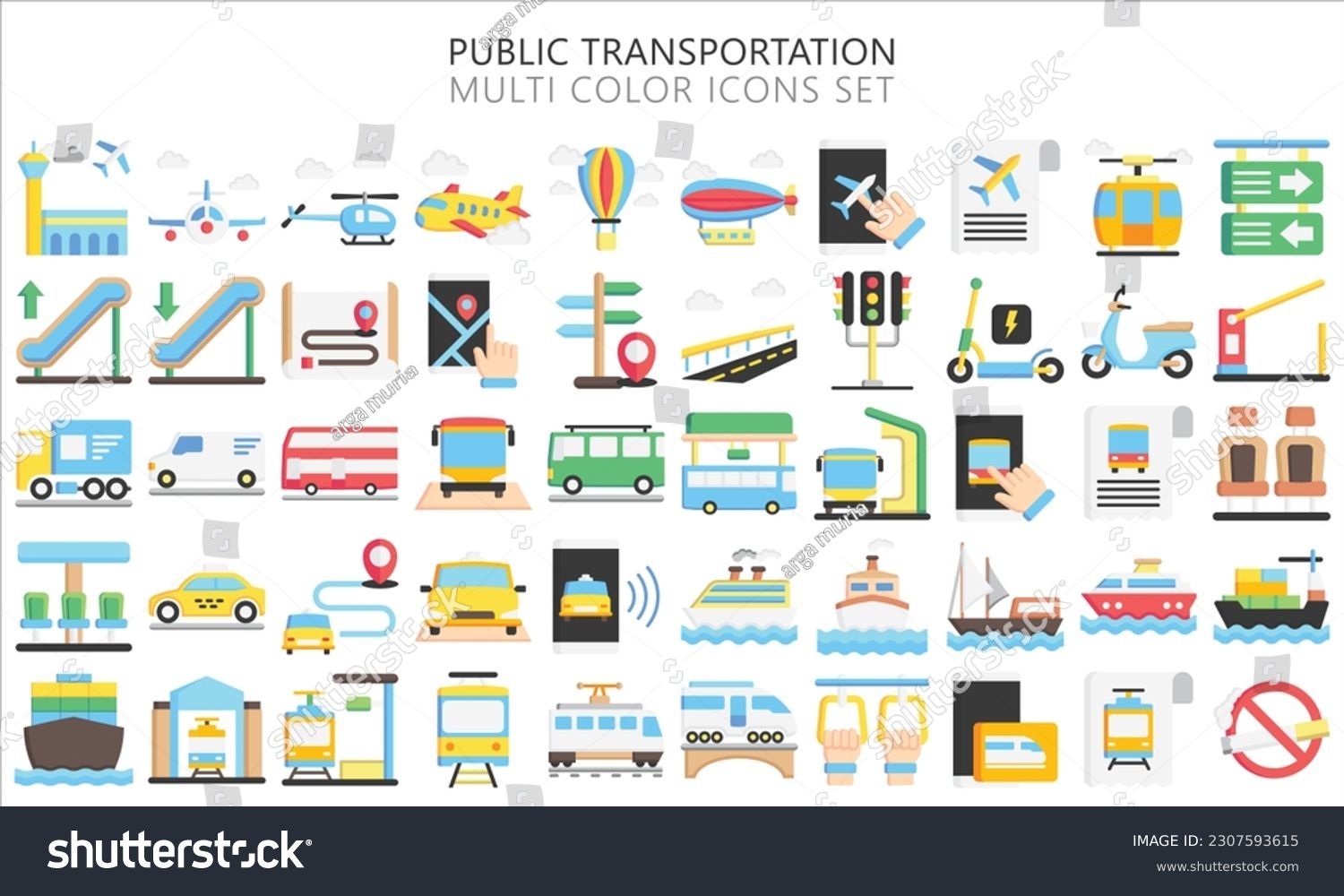 SVG of Public transportation multi color icons set. contain such as train, subway, bus, airplane and more. use for modern concept, UI or UX kit, web and app. vector EPS 10 ready convert to SVG. svg