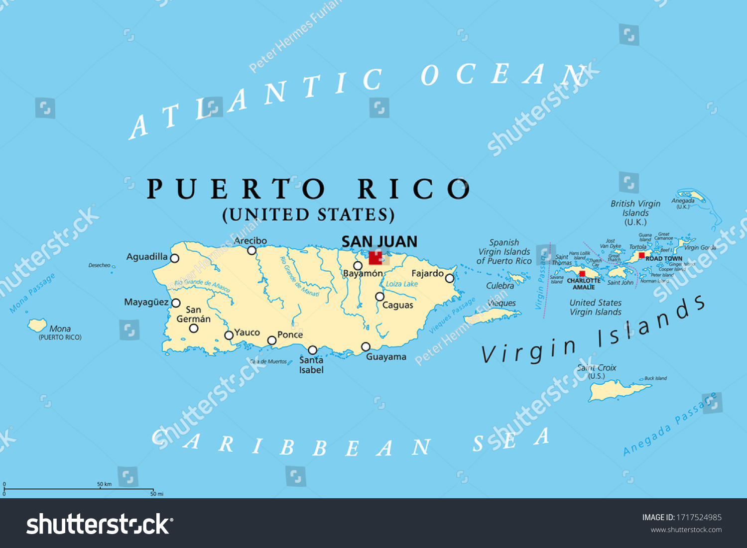 Stock Vector Puerto Rico And Virgin Islands Political Map British Spanish And United States Virgin Islands 1717524985 