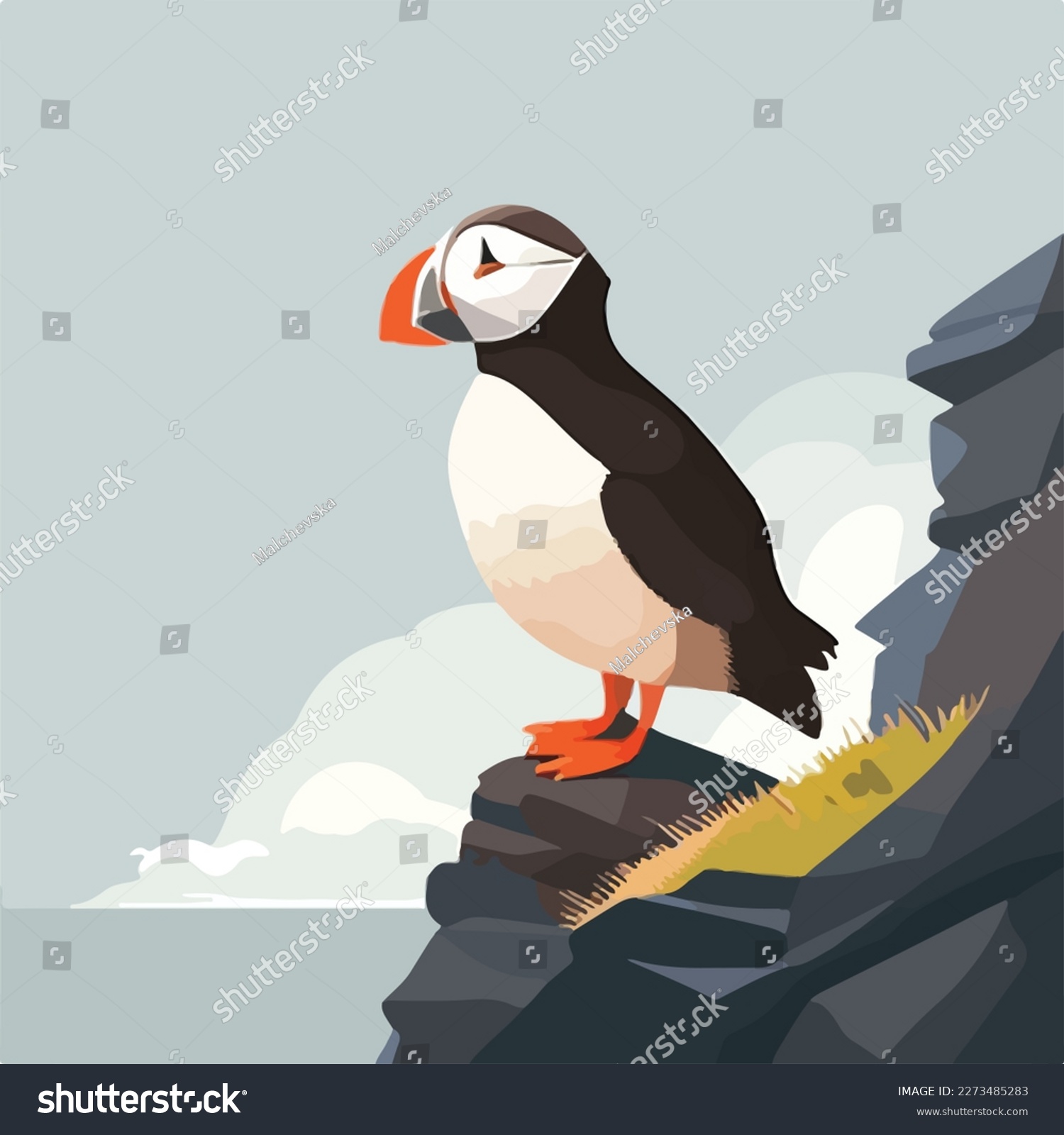 SVG of Puffin in arctic cliffs. Arctic birds in natural habitat. Flat vector illustration concept svg