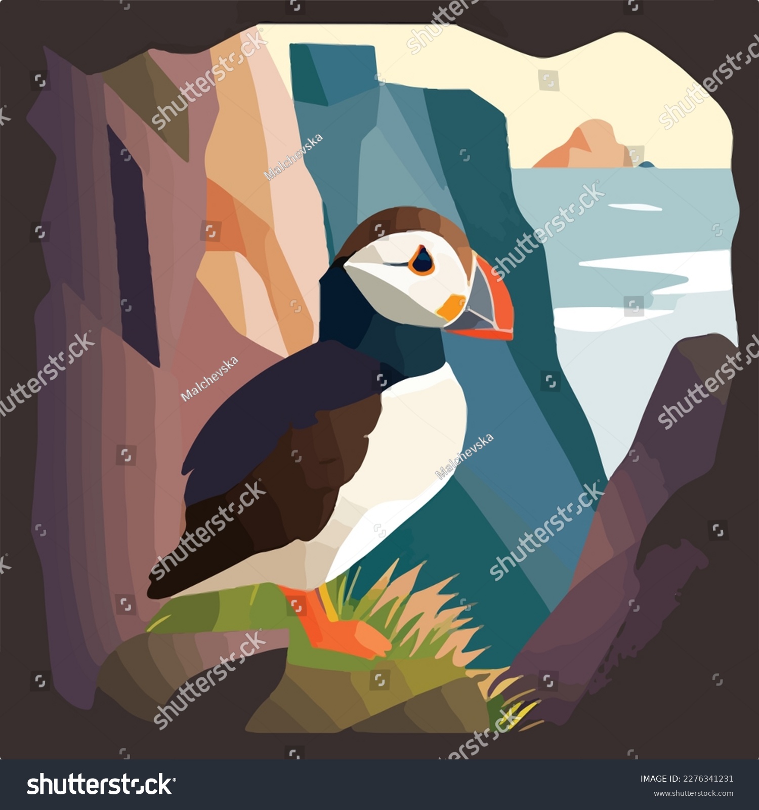 SVG of Puffin in arctic cliffs. Arctic birds in natural habitat. Flat vector illustration concept svg
