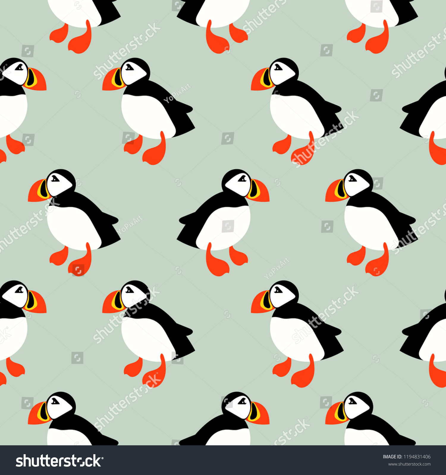 SVG of Puffin seabird seamless vector pattern. Mint ice background with atlantic ocean animal cartoon bird. svg