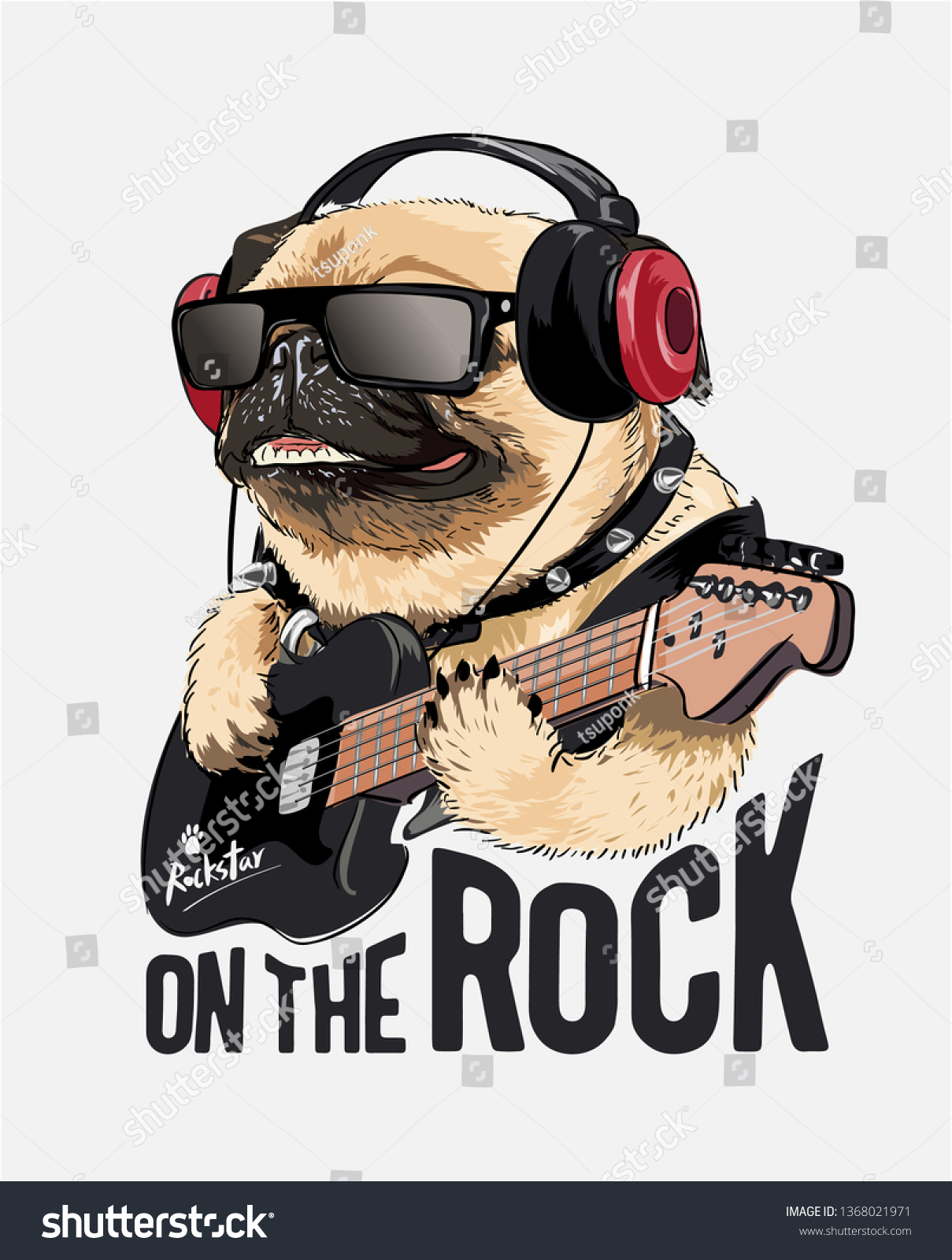 ヘッドフォンで演奏するギターイラストに犬をパグする のベクター画像素材 ロイヤリティフリー