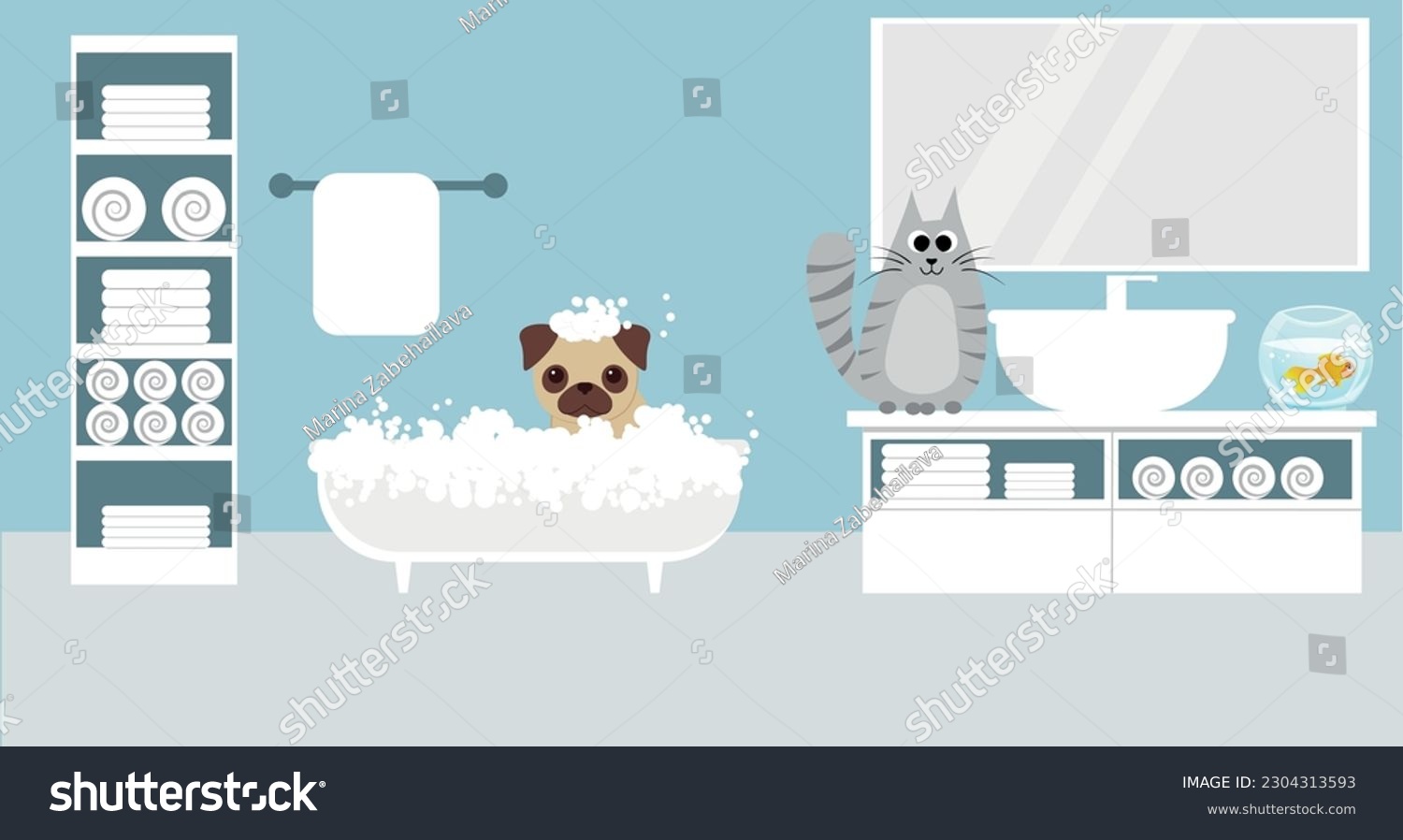 SVG of pug takes a bubble bath. the puppy is bathing in a white bathtub, the cat is sitting near the sink, the aquarium is in the bathroom. svg