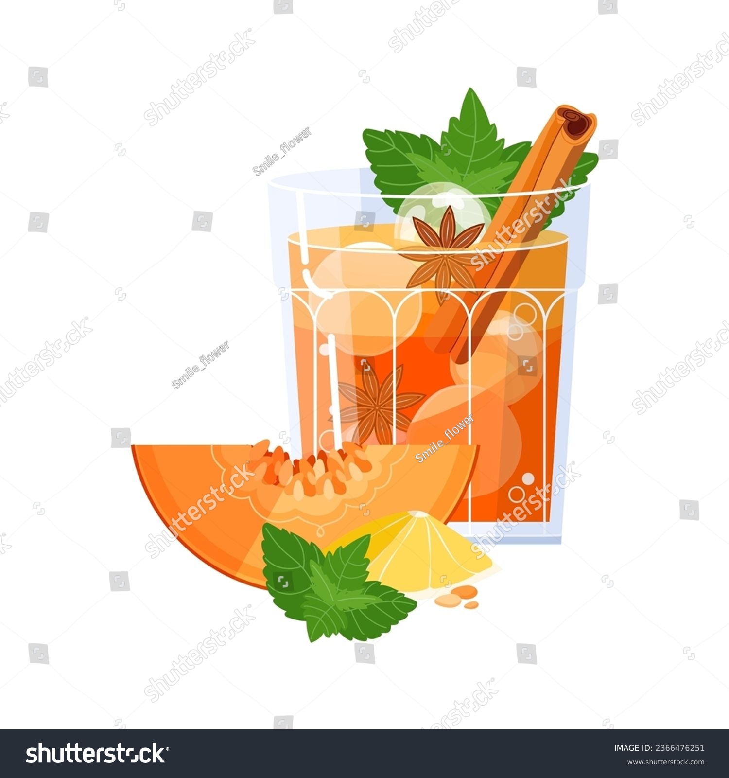 SVG of Pumpkin whiskey smash cocktail isolated on white background. Fall alcohol drink with ice, pumpkin syrup and spices, cinnamon stick, lemon and star anise. Autumn beverage vector illustration svg