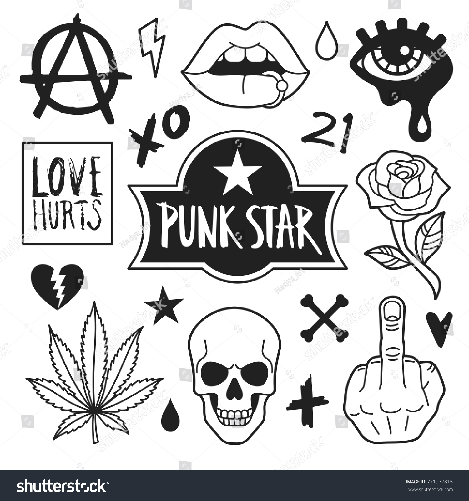 Punk Icons Collection Vector Illustration Outline Stock Vector (Royalty