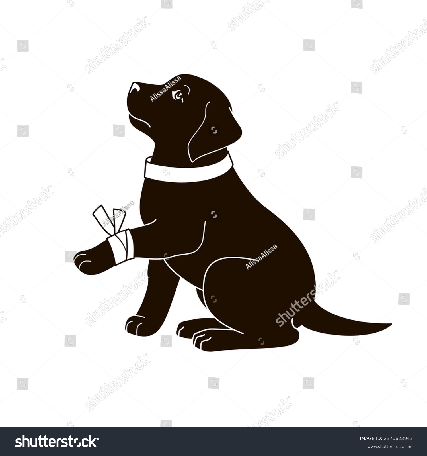 SVG of puppy with a bandaged paw black and white vector illustration svg
