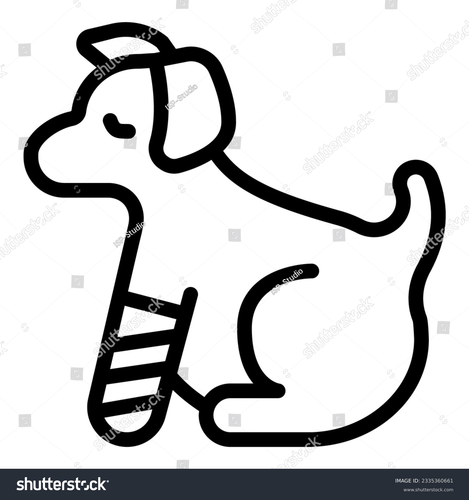 SVG of Puppy with bandaged paw line icon, animal hospital concept, Dog with an injured leg sign on white background, Pet with wounded paw in bandage icon in outline style. Vector graphics svg