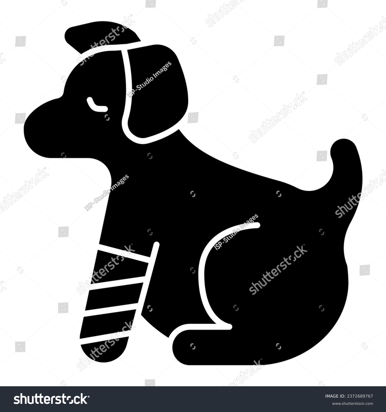 SVG of Puppy with bandaged paw solid icon, animal hospital concept, Dog with an injured leg sign on white background, Pet with wounded paw in bandage icon in glyph style. Vector graphics svg