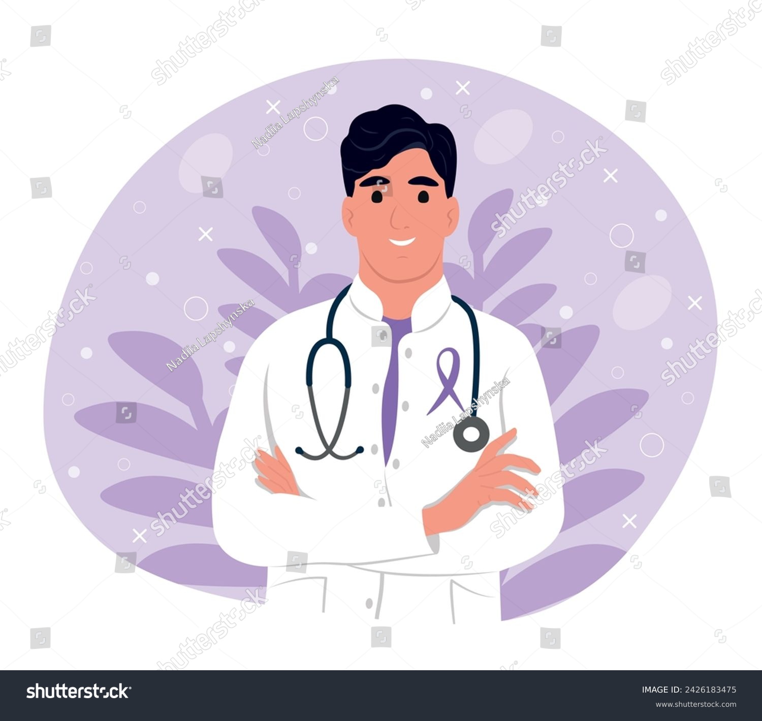 SVG of Purple awareness of ribbon. Doctor in medical uniform. Woman doctor portrait. Doctor with a stethoscope. Smiling therapist, general practitioner with crossed arms. svg