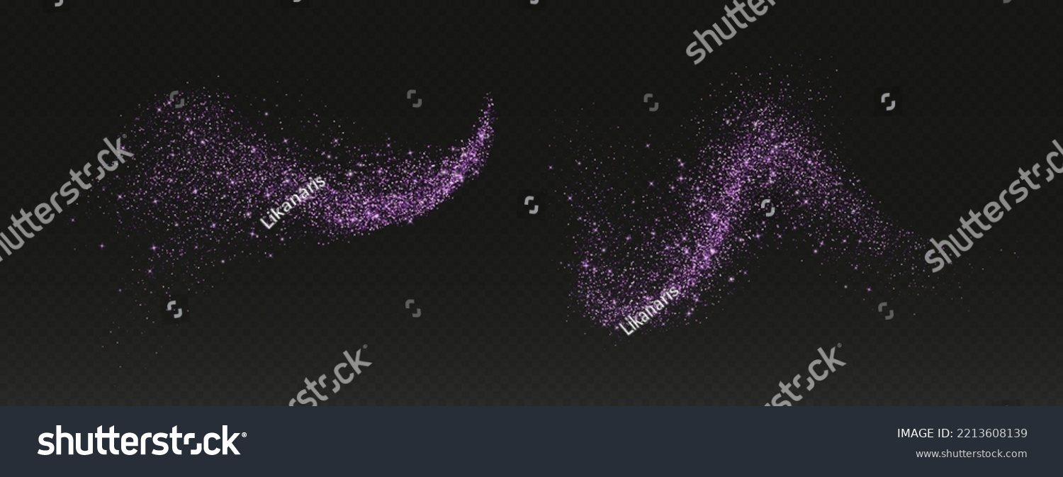 SVG of Purple glitter splashes, shiny star dust explosion, shimmer spray effect, festive holiday particles isolated on a dark background. Vector illustration. svg