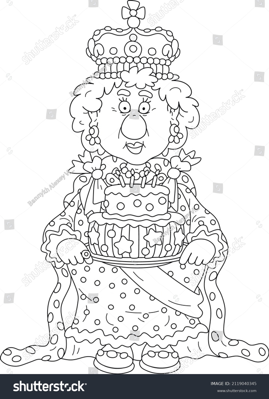 SVG of Queen in a crown and in a solemn royal dress holding a fancy holiday cake decorated with candles and sweet stars at a festive ceremony in a palace, black and white vector cartoon svg