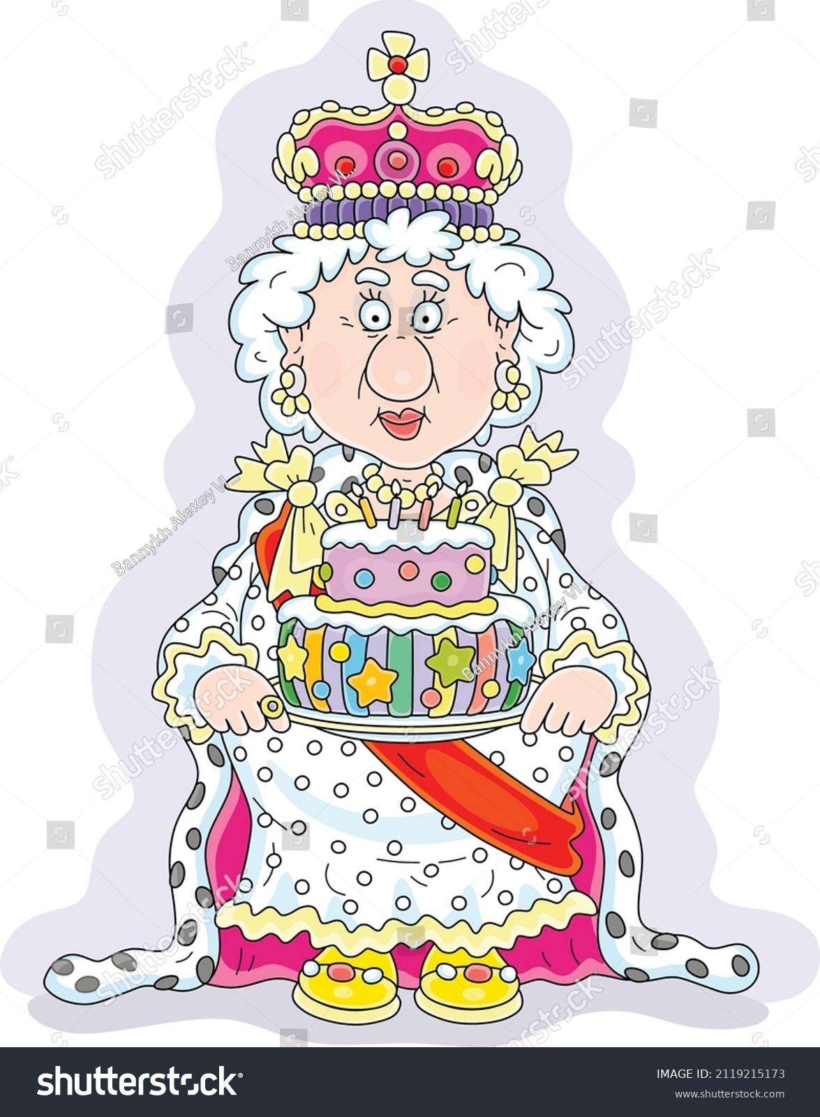SVG of Queen in a crown and in a solemn royal dress holding a fancy holiday cake decorated with candles and sweet stars at a festive ceremony in a palace, vector cartoon illustration on white svg
