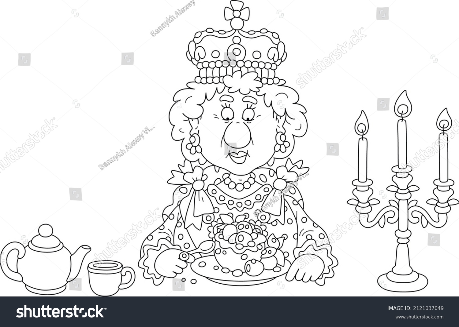 SVG of Queen in a crown and in a solemn royal dress sitting at her festive table with a traditional fresh and tasty British Yorkshire pudding with berries, black and white vector cartoon illustration svg