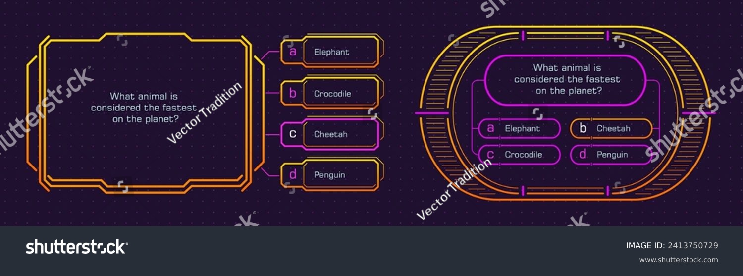 SVG of Quiz game template, contest question and answer option frames, vector layout. Trivia TV show or intellectual contest challenge and knowledge test neon background with question or answer option windows svg