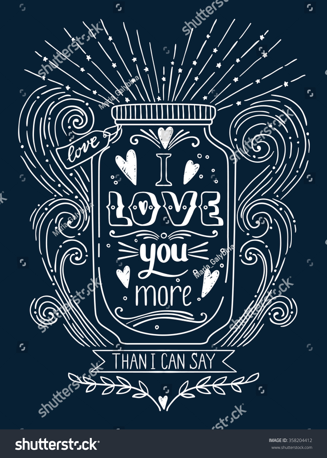 Quote I love you more than I can say Hand drawn vintage print with