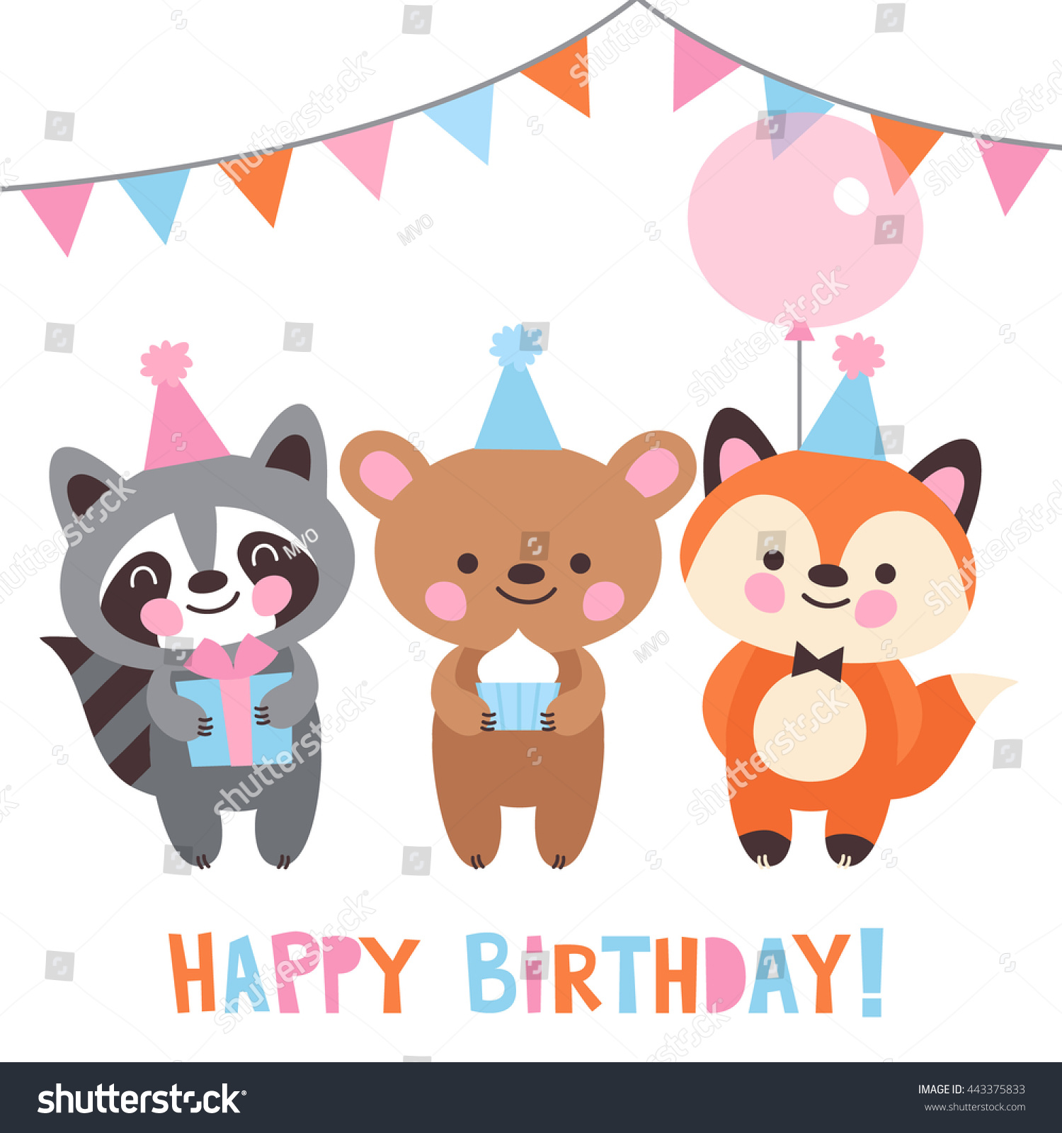 Raccoon, Bear And Fox At A Birthday Party. Birthday Card. Cute Animals ...