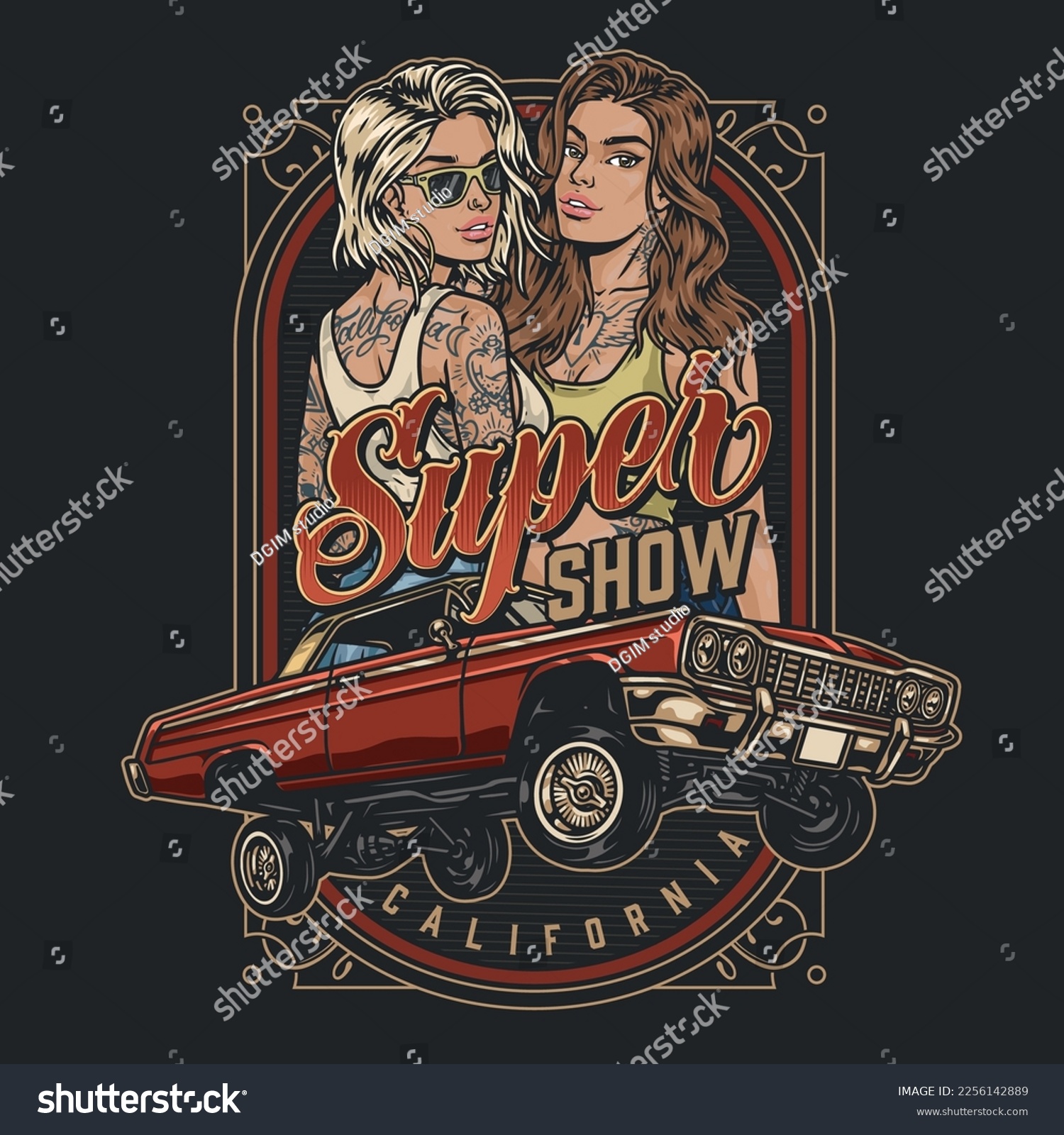 SVG of Racing car show flyer colorful daring girls inviting drivers to take part in competitions lowriders or street racers vector illustration svg