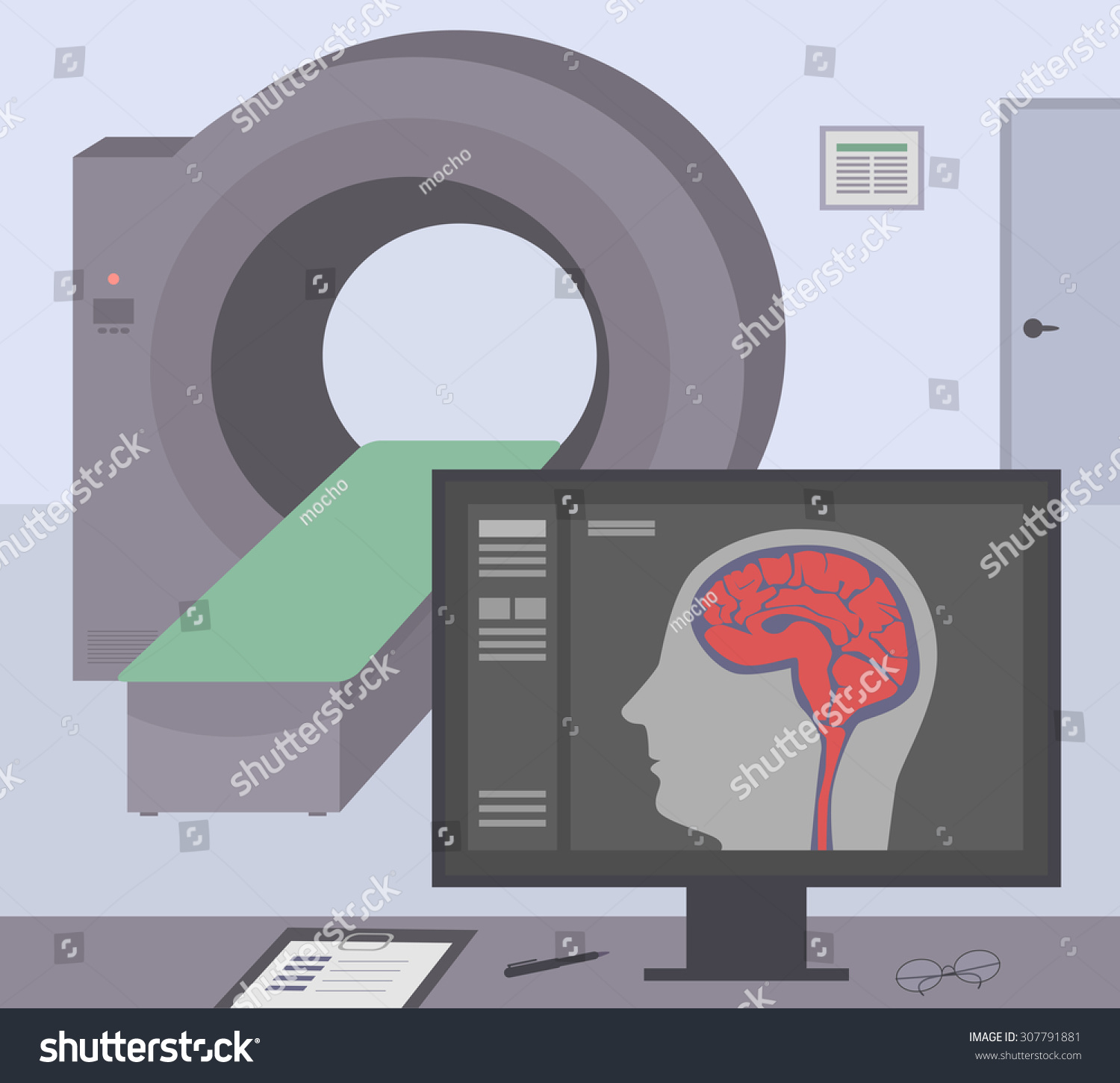 SVG of Radiologic room with a computer tomograph. Vector MRI / CT diagnostic scanner and monitor to scan the human brain on the screen. svg
