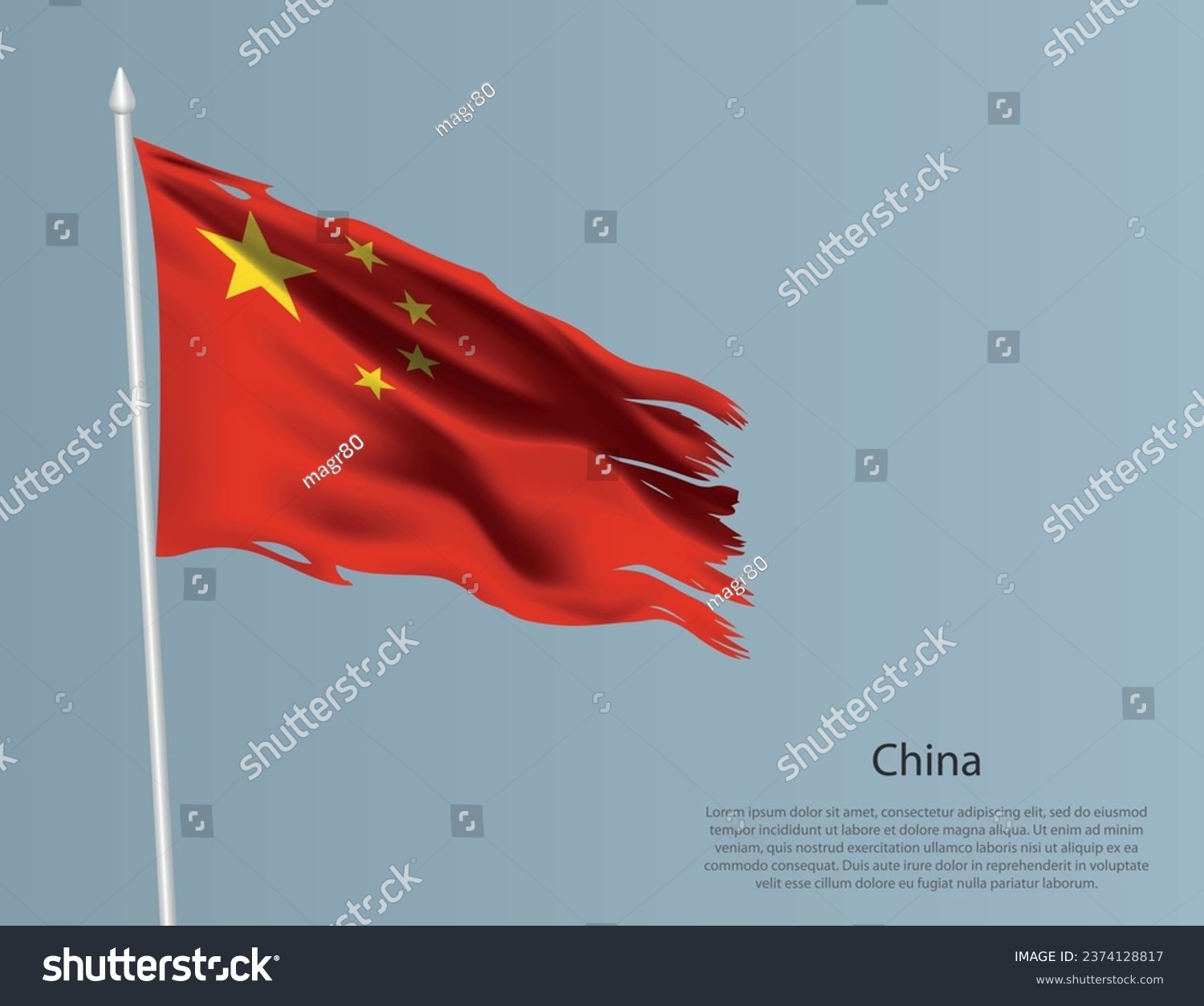 SVG of Ragged national flag of China. Wavy torn fabric on blue background. Realistic vector illustration svg