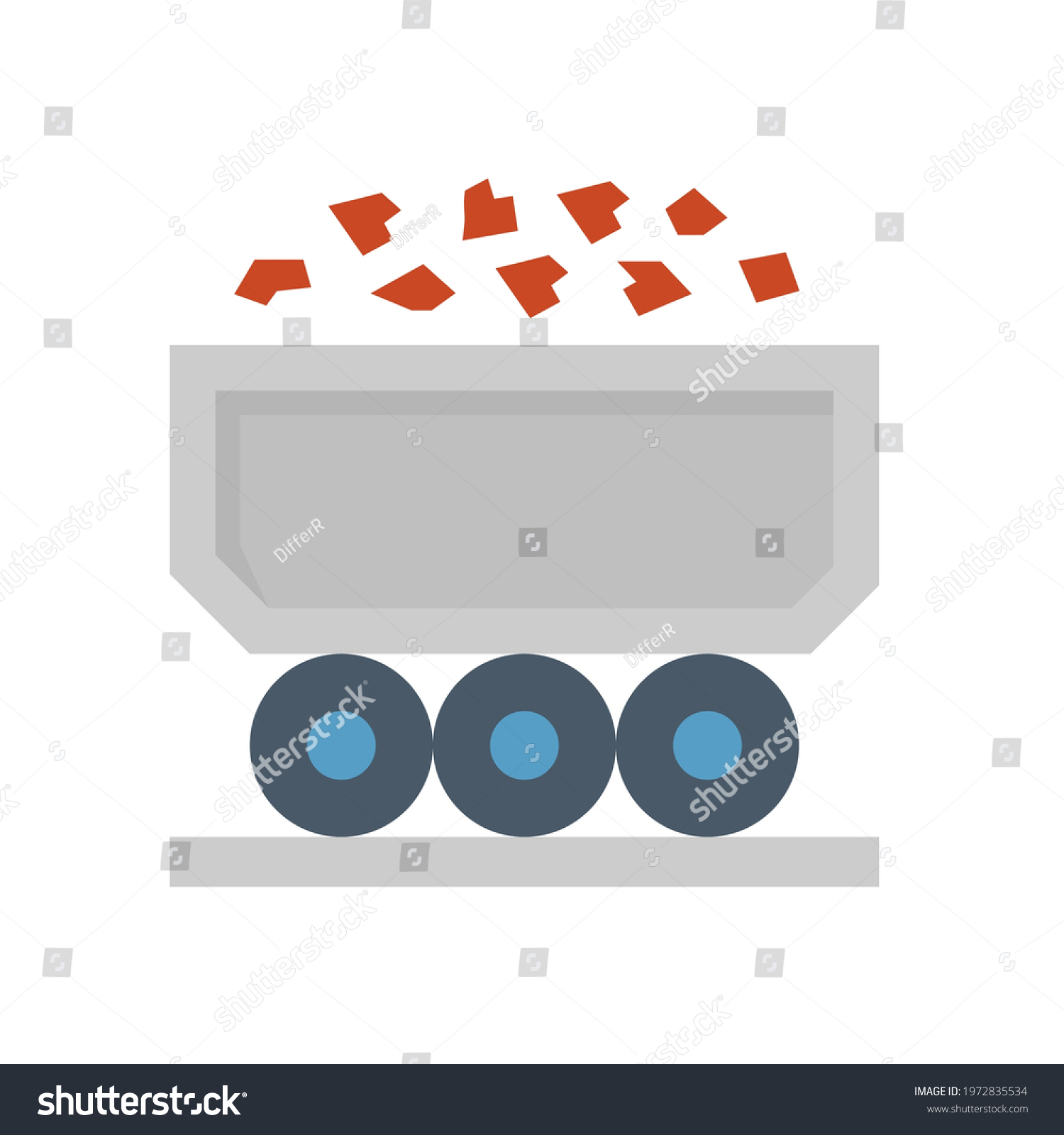 SVG of Rail freight transport vector icon. Also called goods wagons or freight wagons. Consist of bulk trolley or cart with goods, cargo or material from mine i.e. iron ore, coal, rock, mineral or gold. svg