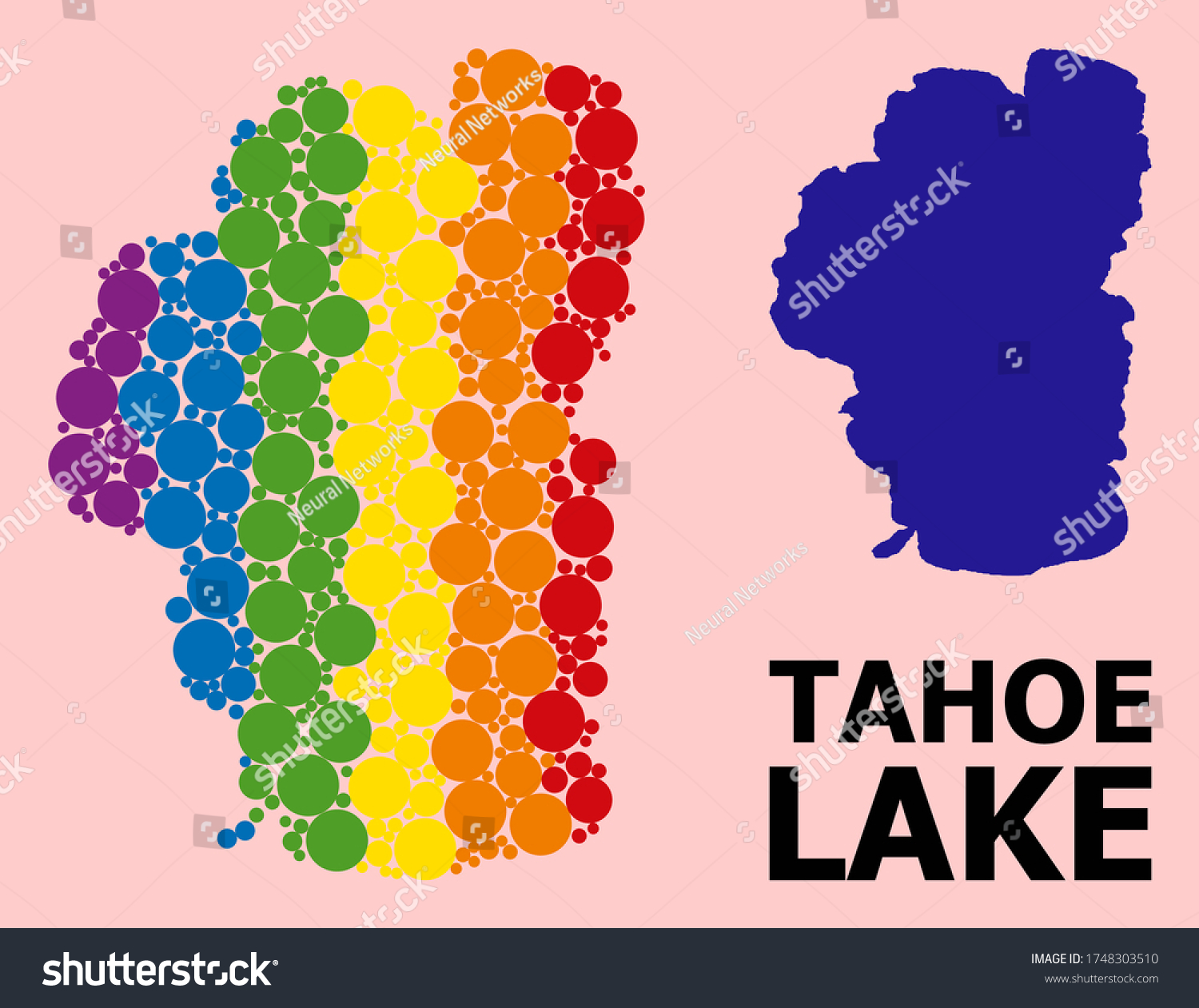 SVG of Rainbow colored mosaic vector map of Tahoe Lake for LGBT, and black version. Geographic mosaic map of Tahoe Lake is designed from scattered round spheric spots. svg