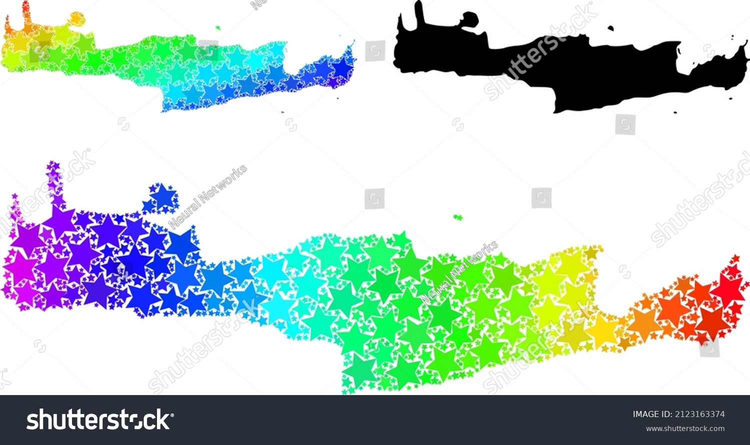 SVG of Rainbow gradiented stars mosaic map of Crete Island. Vector colored map of Crete Island with rainbow gradients. Mosaic map of Crete Island collage is organized from random colored star elements. svg