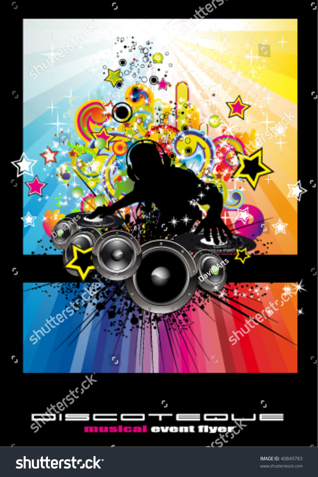 Rainbow Techno Discoteque Flyer With Abstract Dj Silhouette. Stock ...