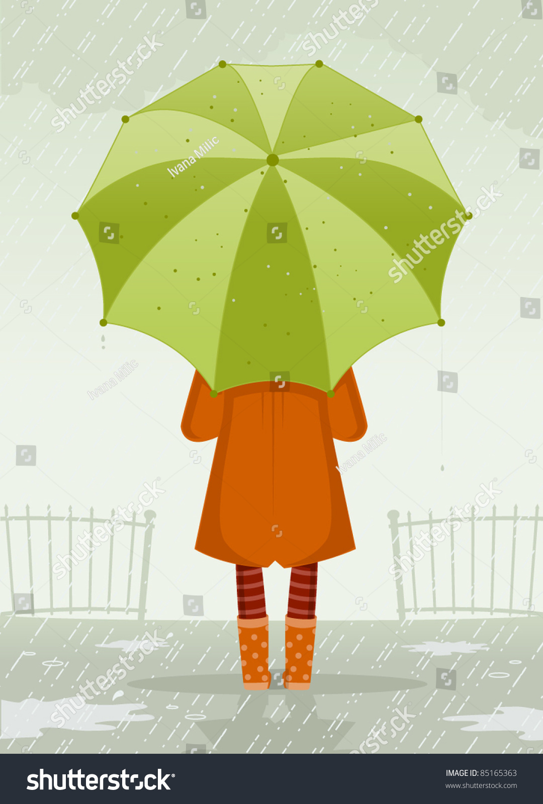 Rainy Day Girl Waiting Under Umbrella Stock Vector (Royalty Free) 85165363