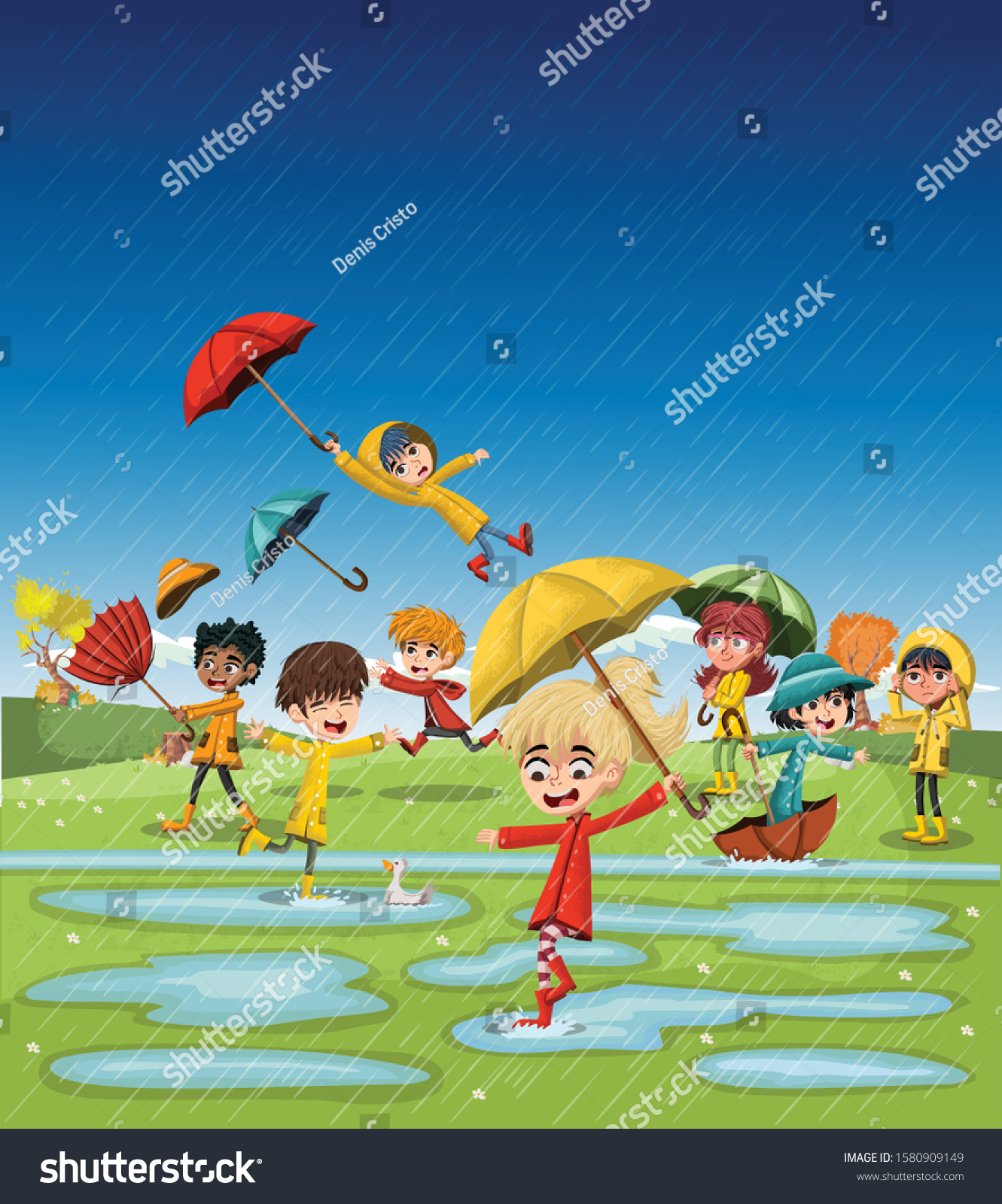 Rainy Day Cartoon Children Playing Green Stock Vector (Royalty Free ...