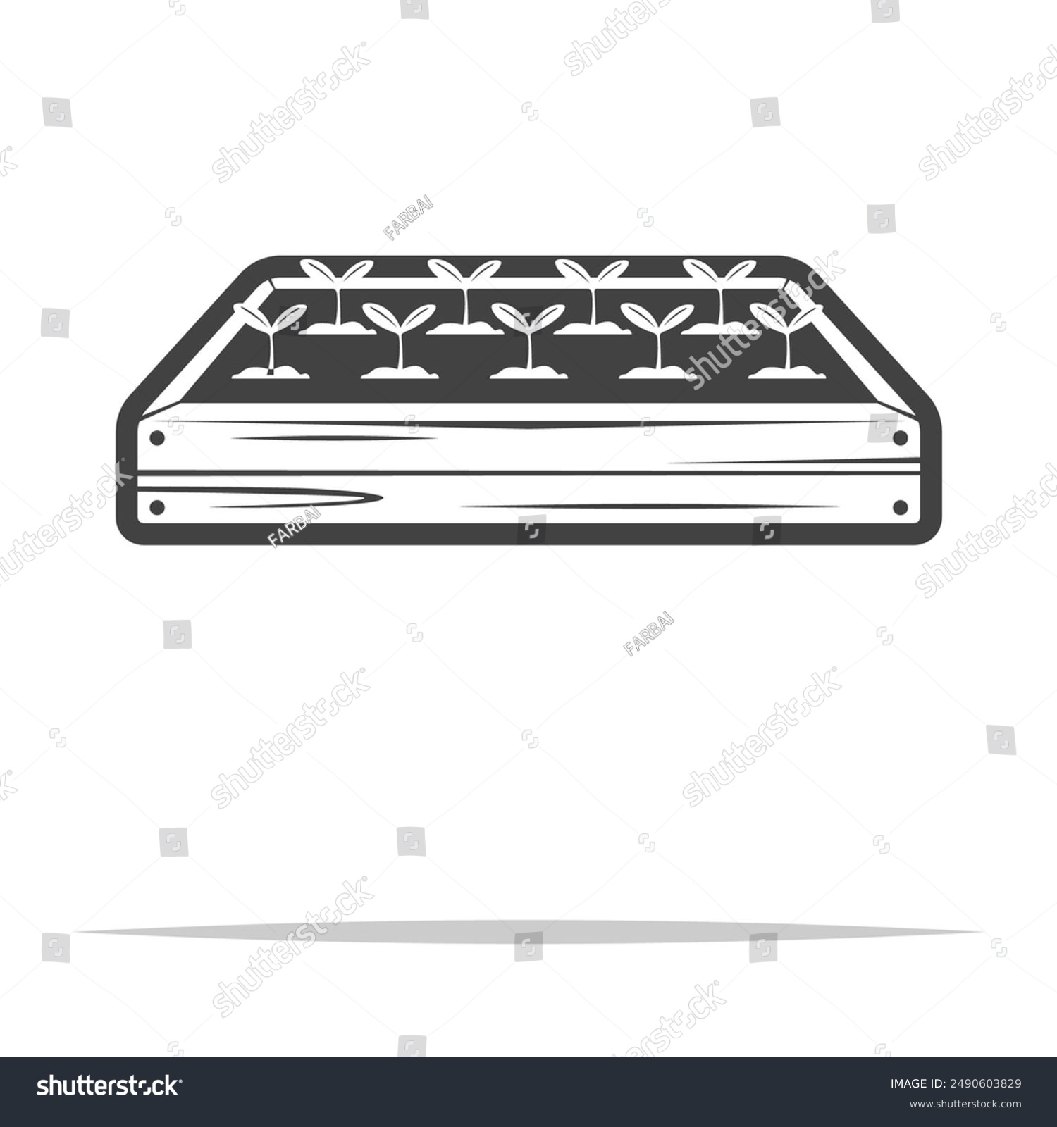seedlings in wooden tray, black and white clip art preview