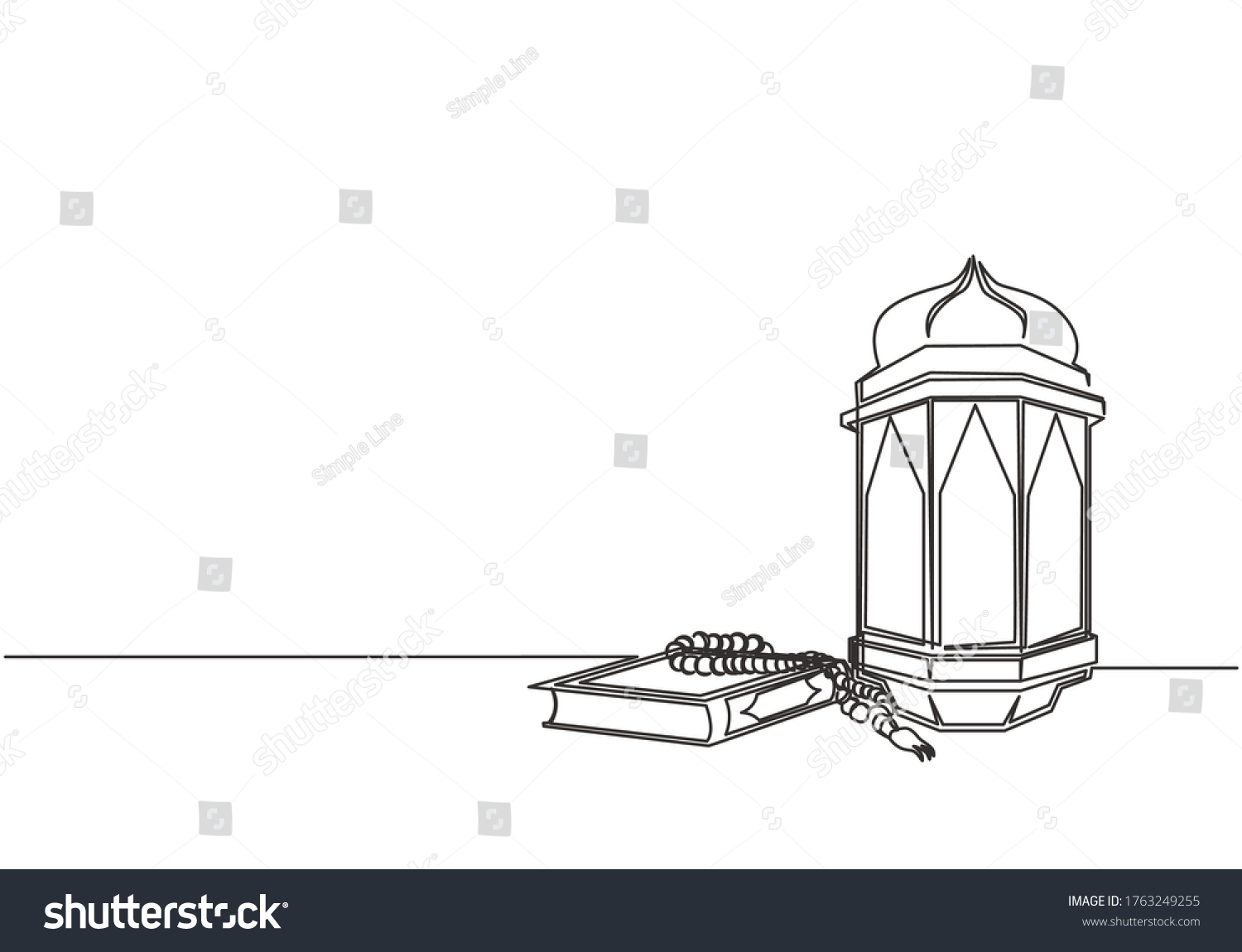 SVG of Ramadan Kareem greeting card, poster and banner design. Single continuous line drawing of Islamic ornament quran kitab, tasbih and lantern lamp. Muslim festival one line draw vector illustration svg