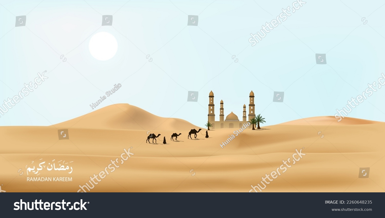 SVG of ramadan kareem illustration with desert scenery beautiful bright sky on the desert with camel, dates tree and caravan. vector illustration.  svg