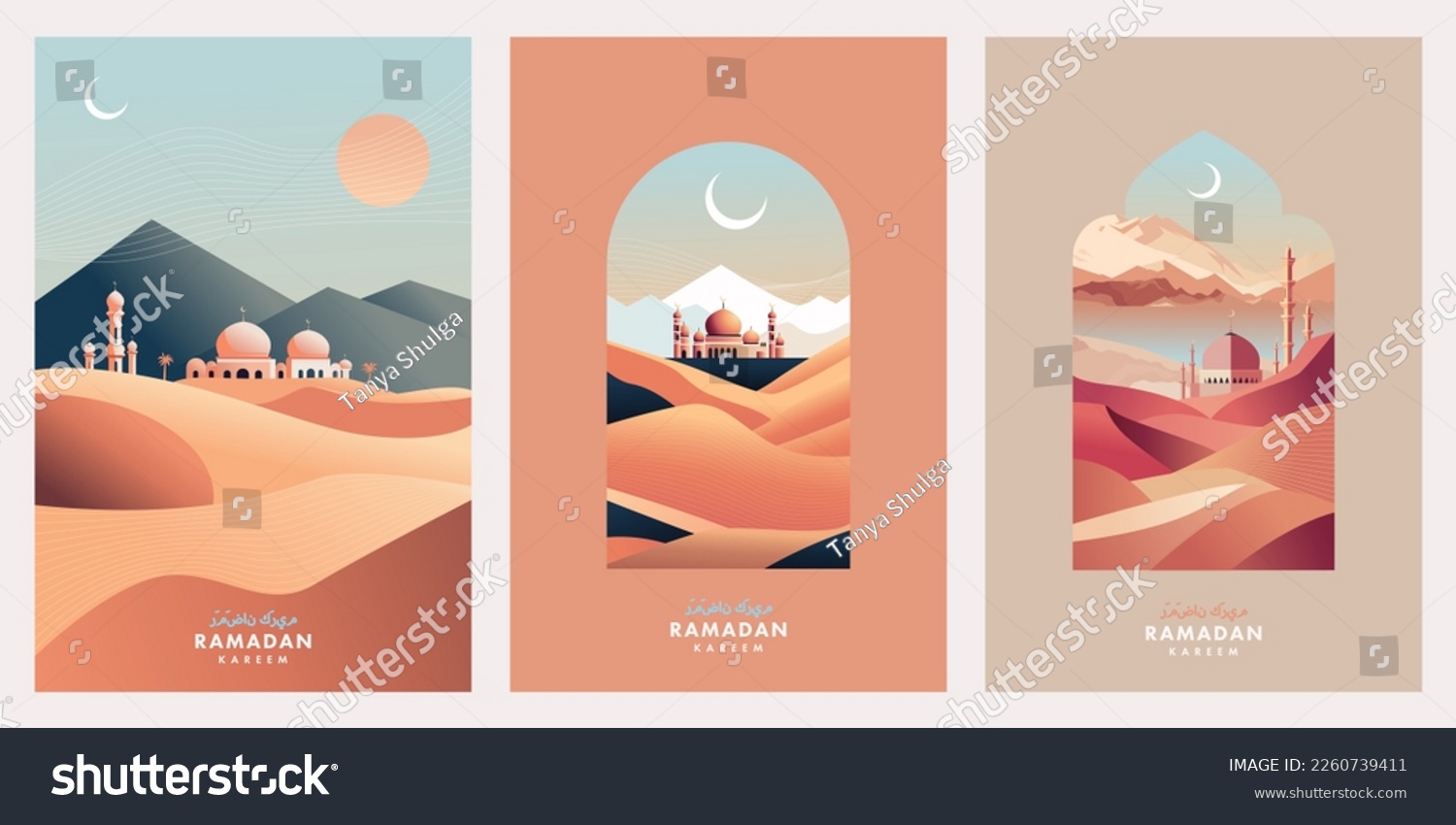 SVG of Ramadan Kareem Set of posters, cards, holiday covers. Arabic text translation Ramadan Kareem. Modern beautiful design in pastel colors with mosque, moon crescent, dune sands, mountains, arches windows svg