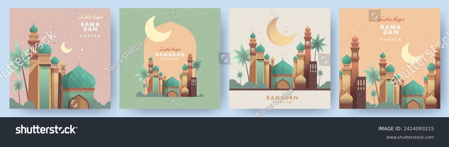 SVG of Ramadan Kareem Set of posters, cards, holiday covers. Arabic text translation Ramadan Kareem. Modern beautiful design in pastel colors with mosque, moon crescent, stars in the sky, arches window svg